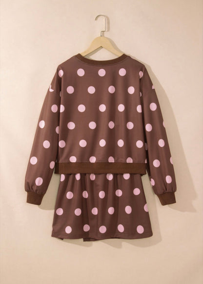 MLBP Brown and Pink Polka Dot Long Sleeve Crew Neck Skort Set