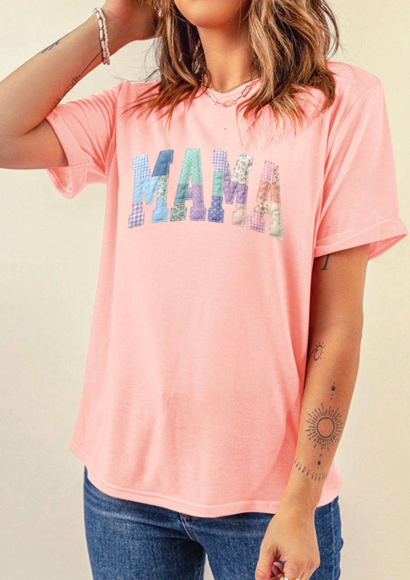 Ivy's Gifts & Boutique ML63 Mama patchwork print T-shirt featuring colorful, casual design with patchwork details and comfortable fit.