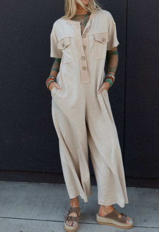 Natural Tone Jumpsuit with Buttons and Pockets