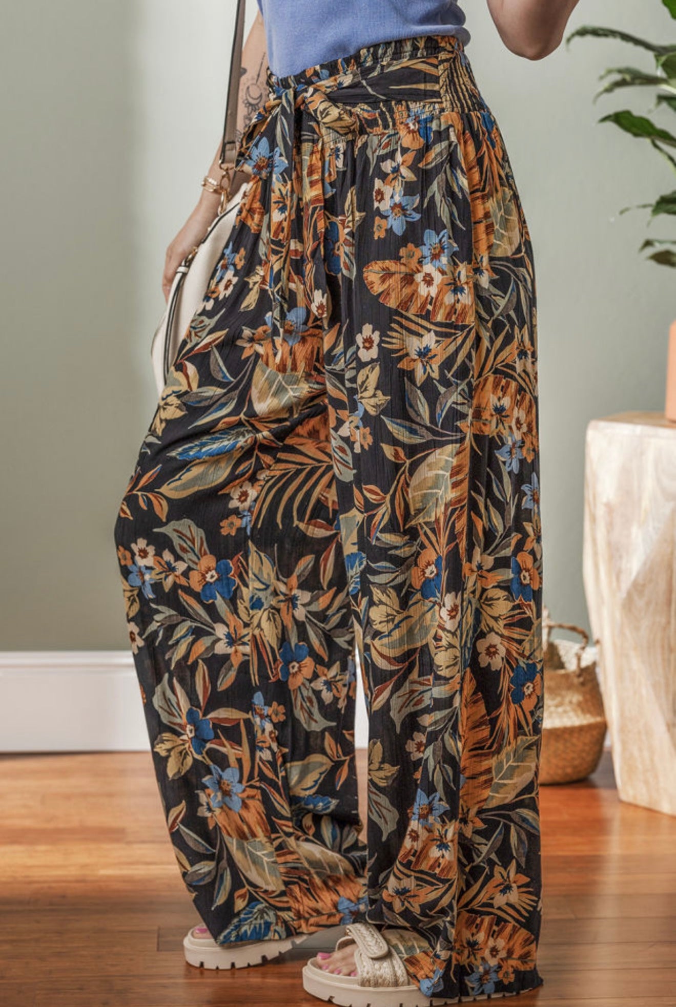 Floral and Leaf Print Wide Leg Elastic Waist Pants with Belt