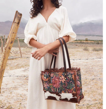 MY13 MYRA BRAND Unique Patchwork Style Double Strap Shoulder/Tote Bag with Real Cow Hair Detail