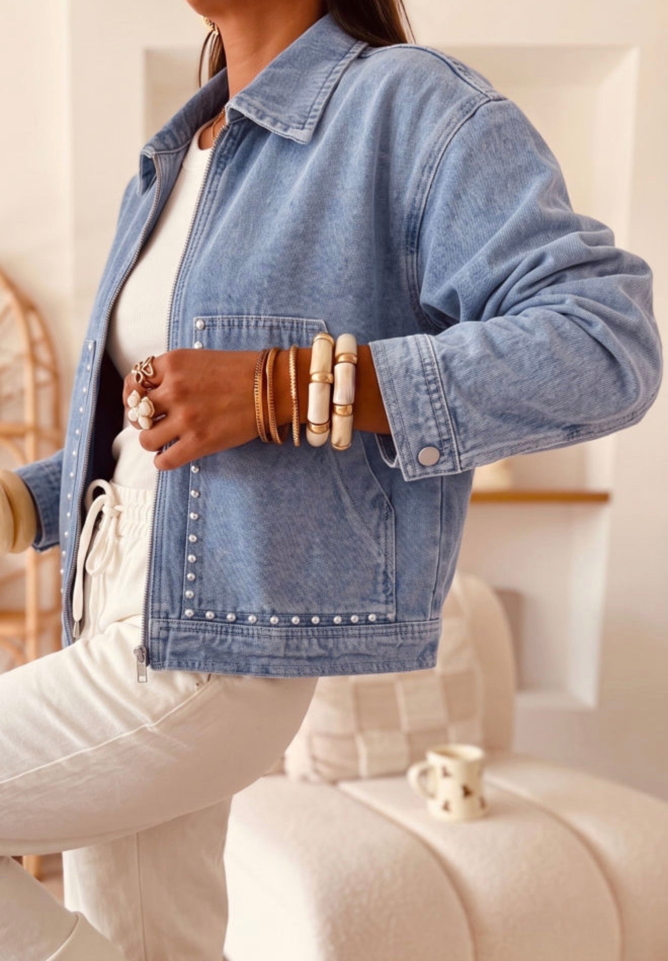 MLDJ Medium Wash Zip Closure Denim Jacket with Pearl Embellishments