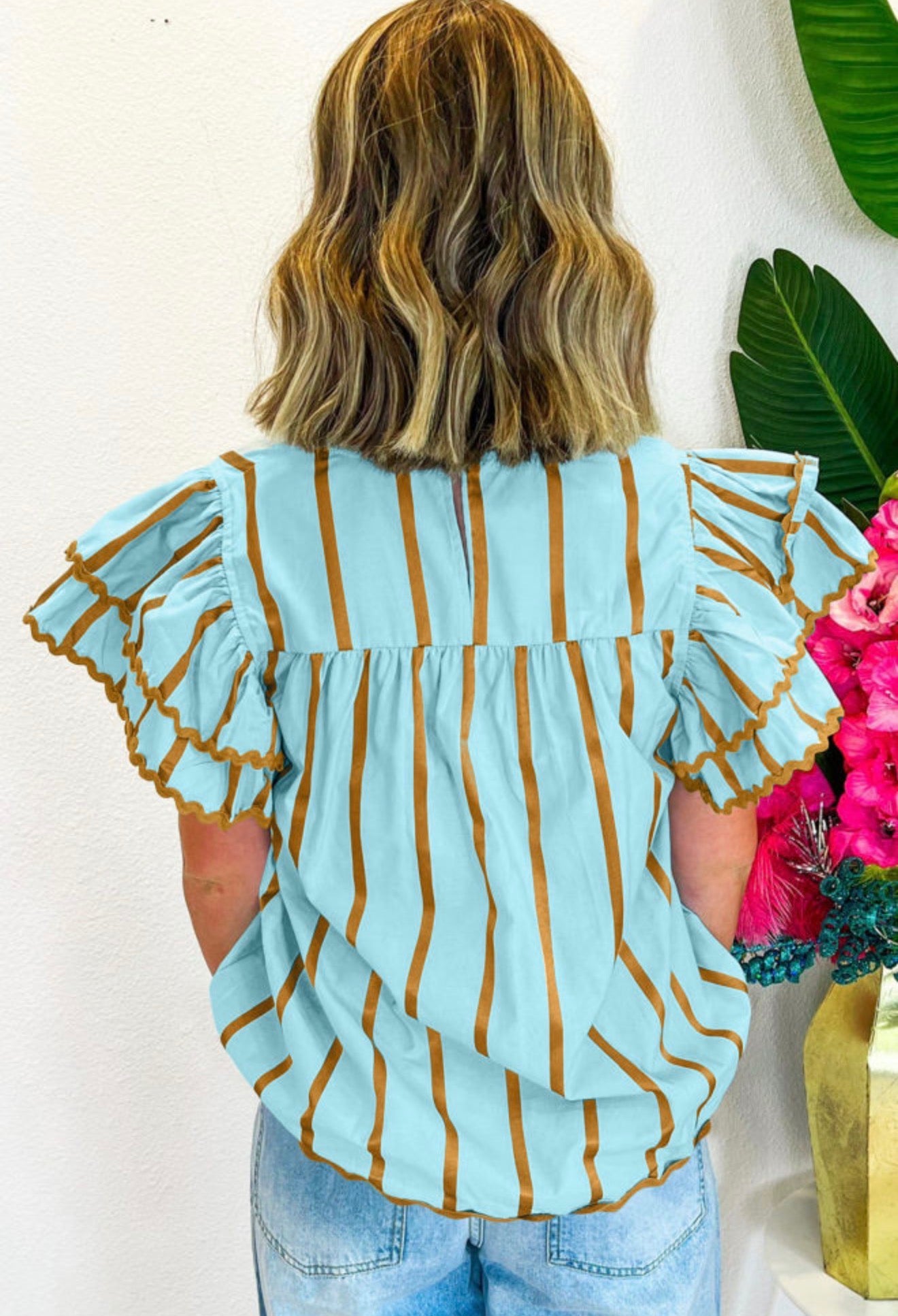 ML42 Turquoise and Brown Stripe V Neck Blouse with Ruffle Cap Sleeve And RicRac Trim