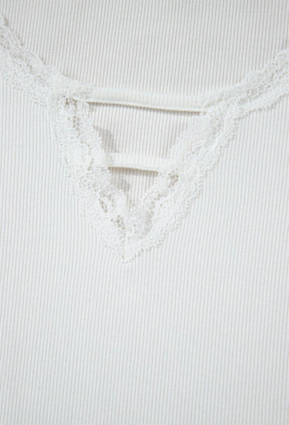 White Ribbed Cropped Top with Lace Detail