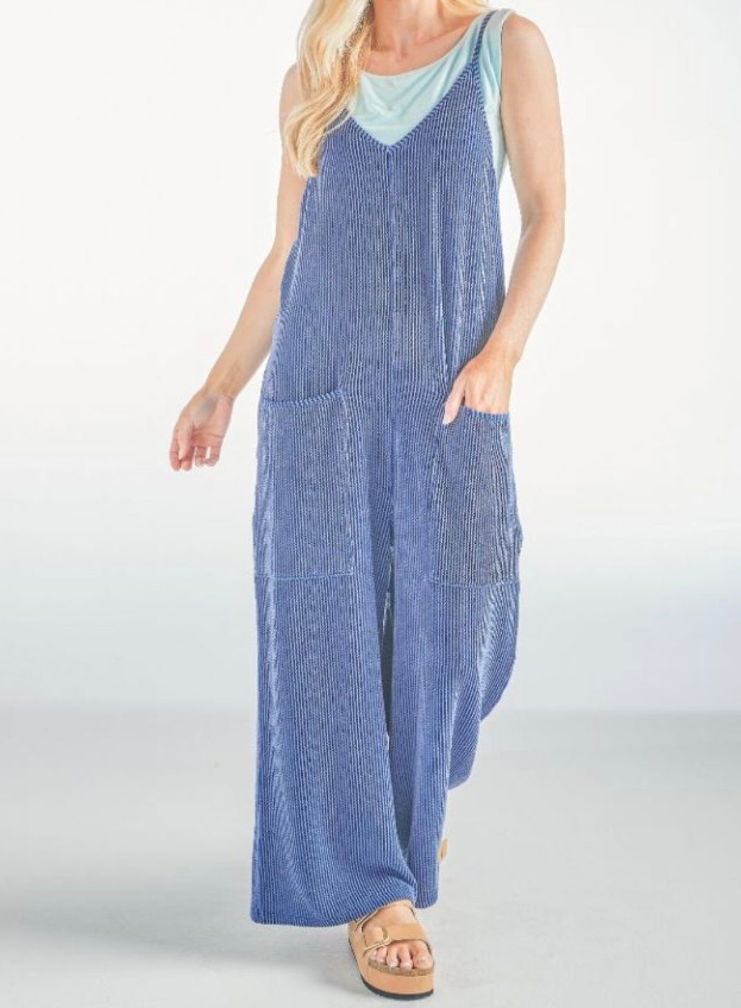 SS Navy Ribbed Knit Overalls