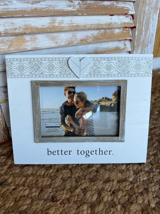BTLM Better Together 4x6 photo frame with wooden heart embellishment, showcasing a large open frame for cherished memories.