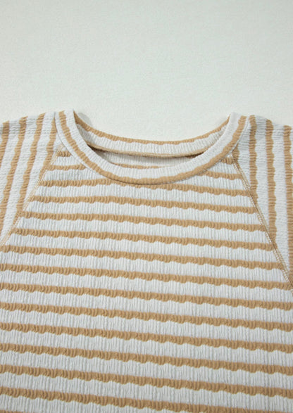 Light khaki striped short sleeve top from Ivy's Gifts & Boutique's PP20 Casual Basic collection, soft and versatile for all wardrobes.