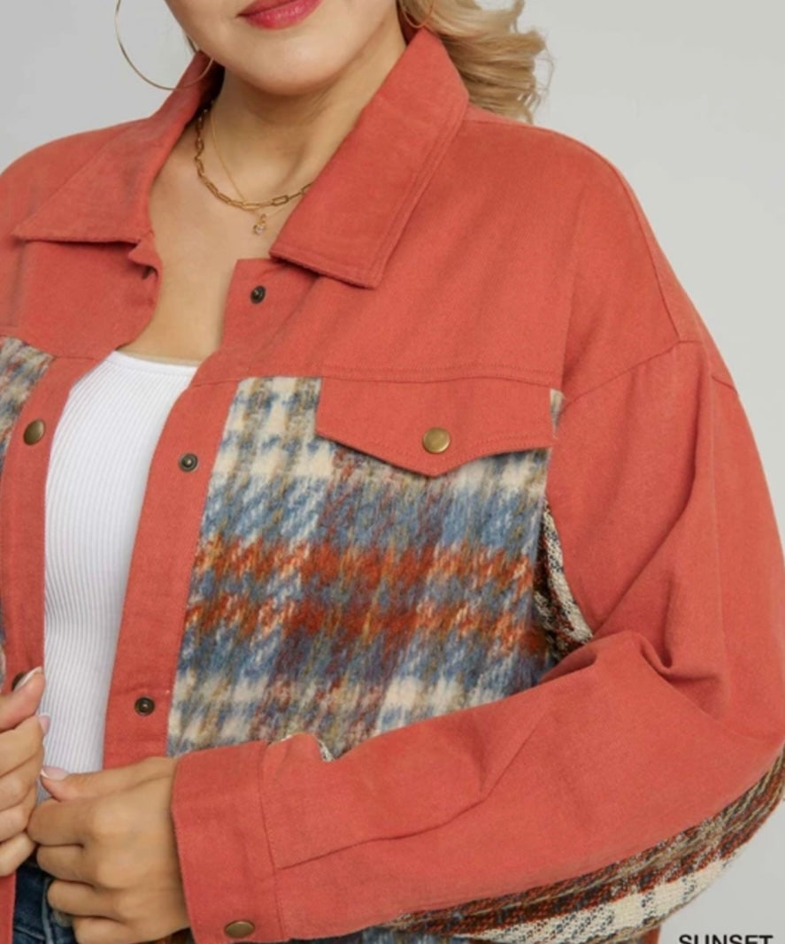 Umgee Burnt Orange Jacket with Plaid Contrast