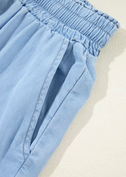 Blue Wide Leg Acid Wash Elastic Waist Pants