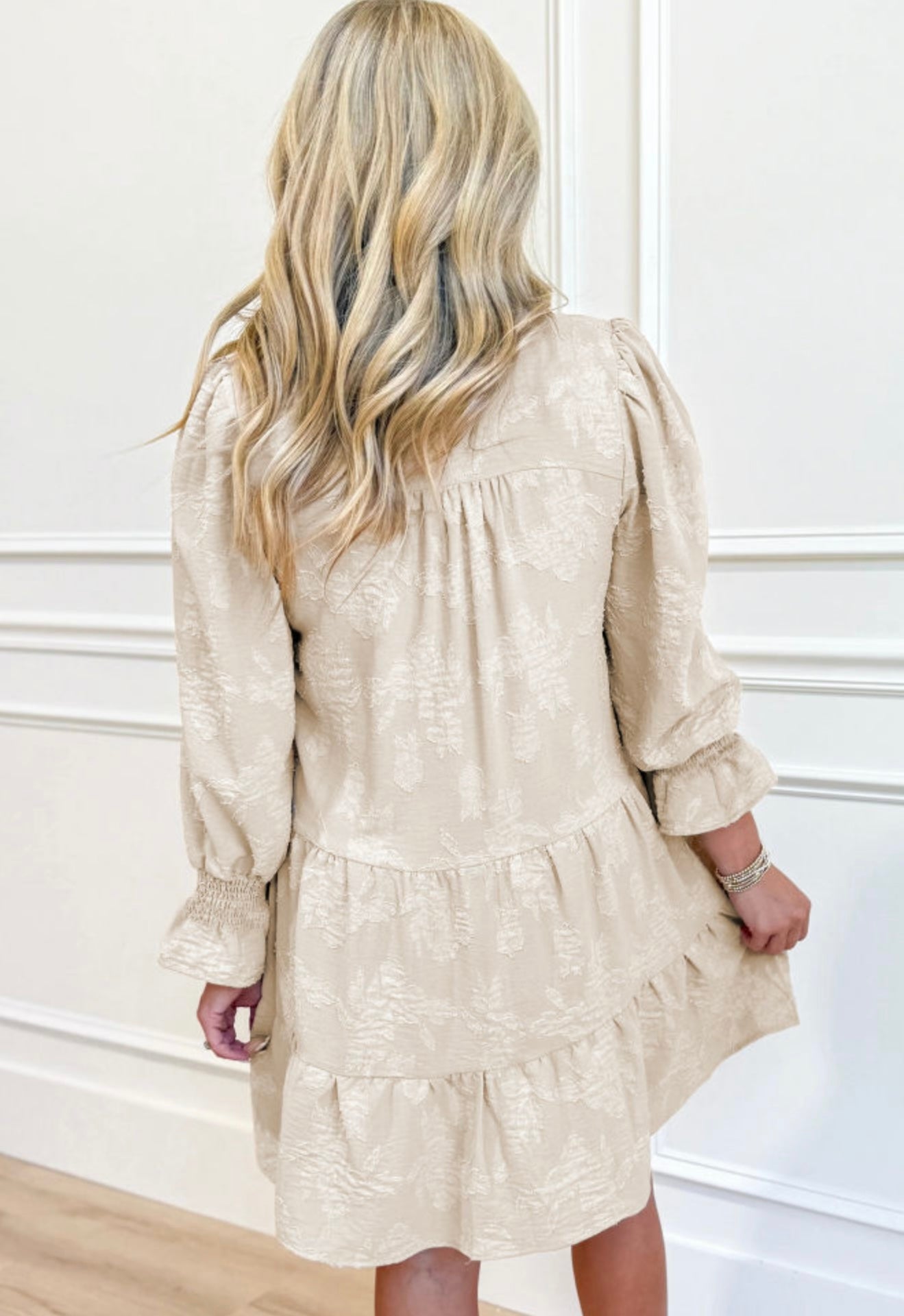 A39 Beige 3 Tier Ruffle Dress with Textured Fabric - Ivy's Gifts & Boutique