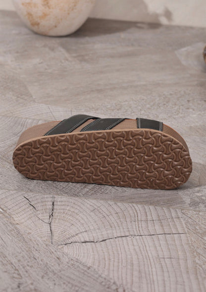 ML1 Black Wide Strap Slide Sandal with Contrast white stitching
