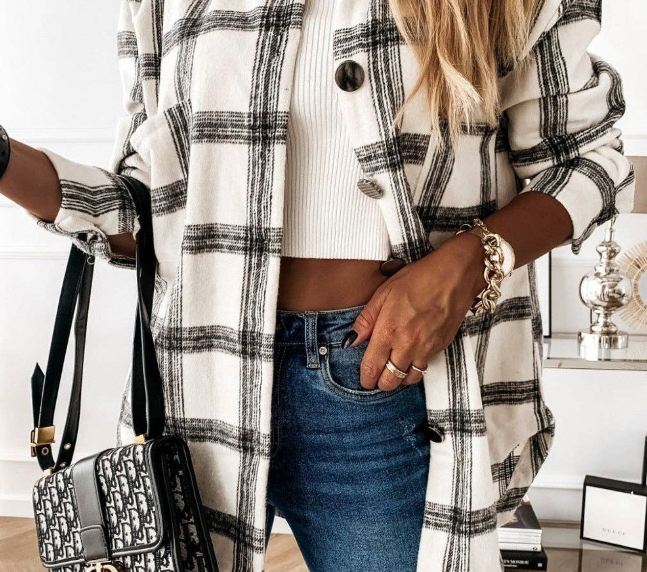 BWF Winter White and Black Flannel Shacket/Mini Dress Shirt