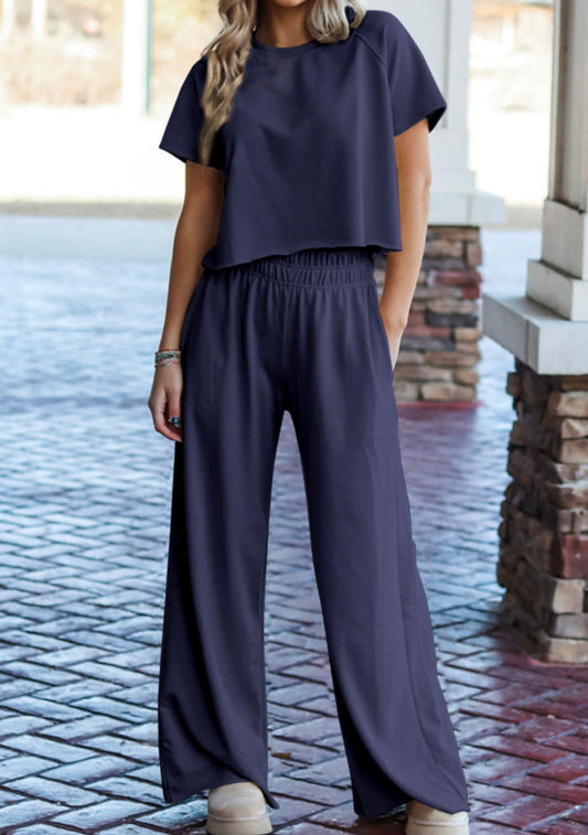 Navy Cropped Top Pant Set