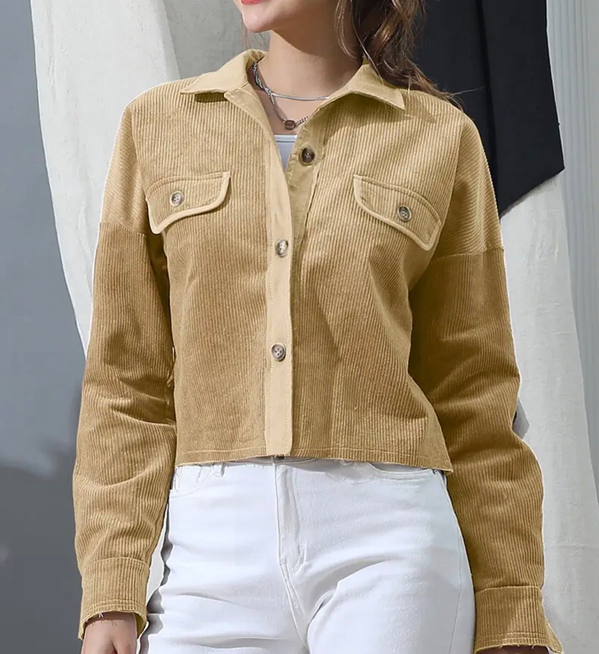 FNX Tan Cropped Shacket with Two Flap Pockets and Button Detail