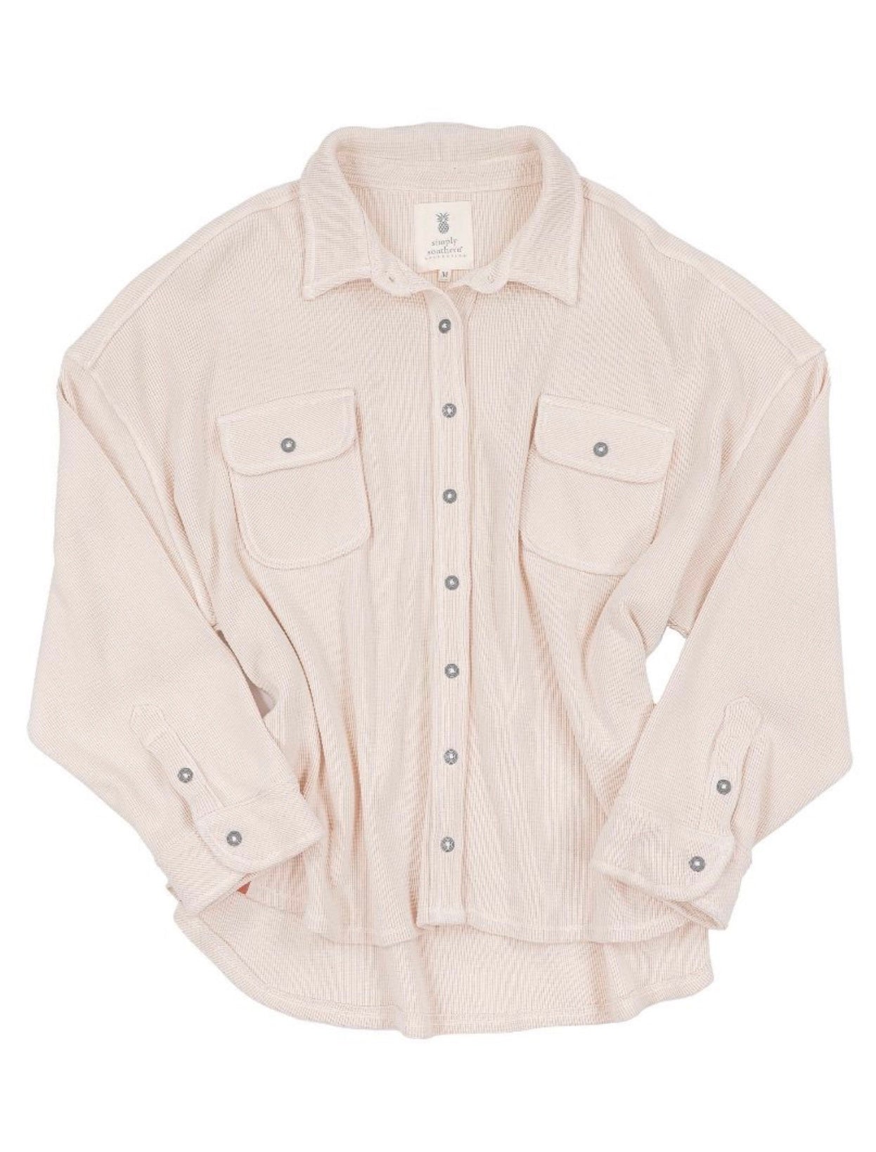 SS Cream Waffle Weave Button Top