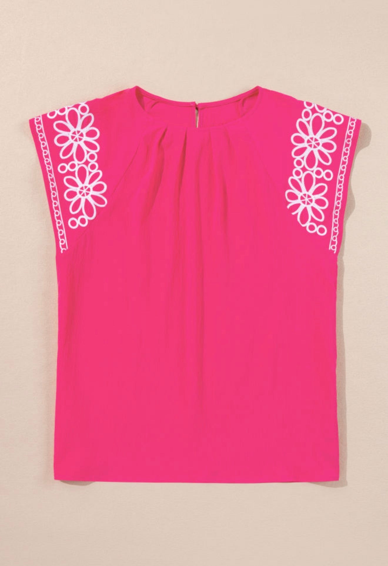 PP28 Strawberry Pink Pleated O Neckline Top with Embroidered Flutter Sleeves