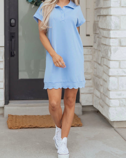 MLSHD Light Blue Sweet but Sporty Mini Dress with Scallop Hem and Collar Accents Snap Closure Neckline