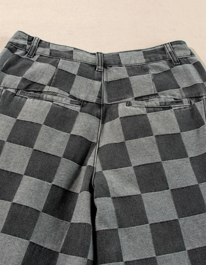 Black and Gray Checked Denim Pants