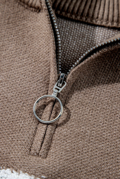Brown Zipper Neckline Sweater with Flower Accents