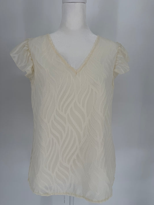 Ivory Cream Textured Top with Capped Flutter Sleeves and Lining