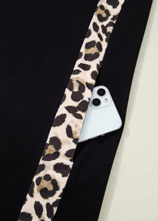PP17 Black Shift T Shirt Dress with Pockets and Animal Print Accents