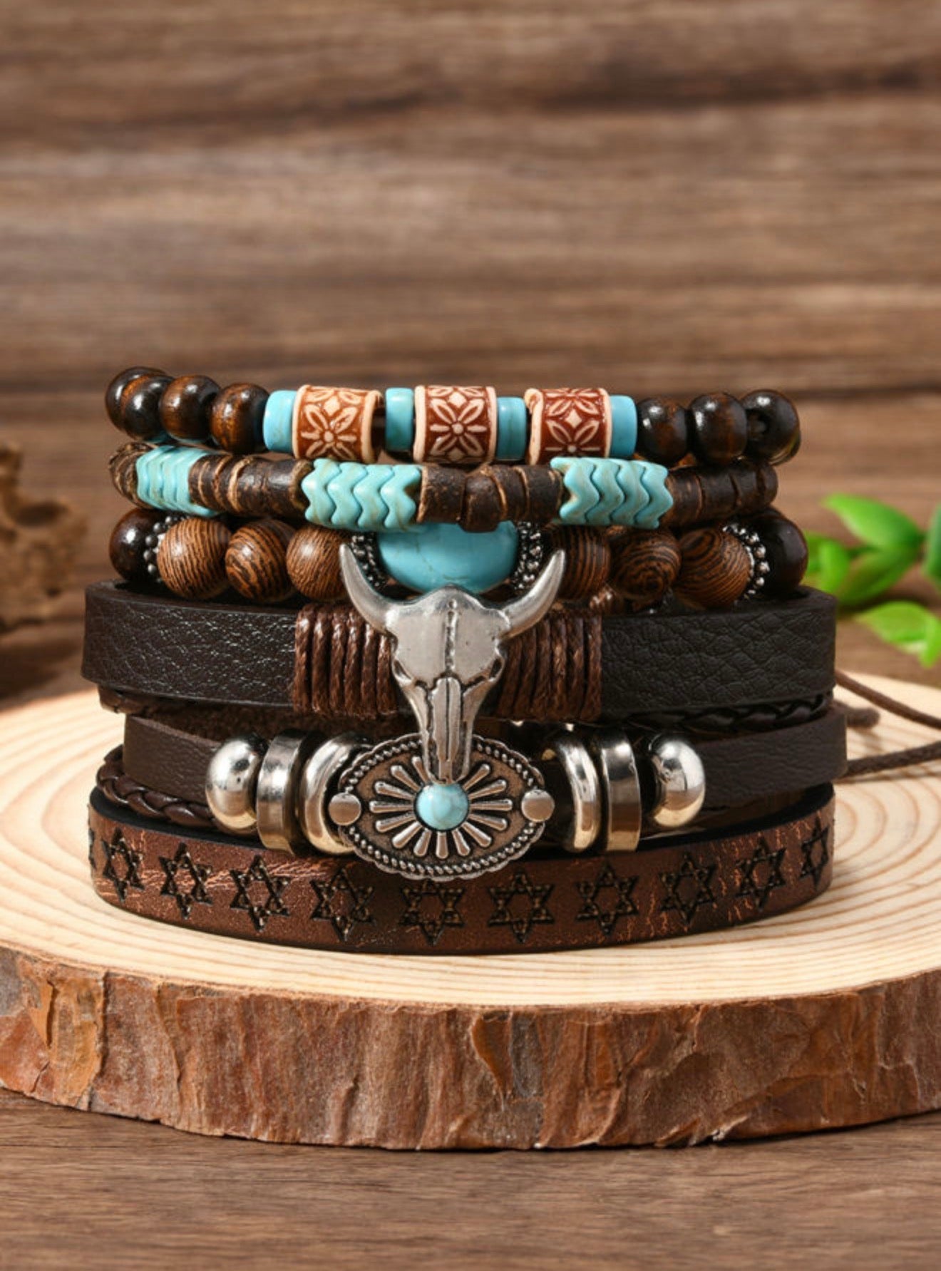 Six faux turquoise bracelet set featuring beaded designs in a variety of styles, perfect for boho and casual fashion.
