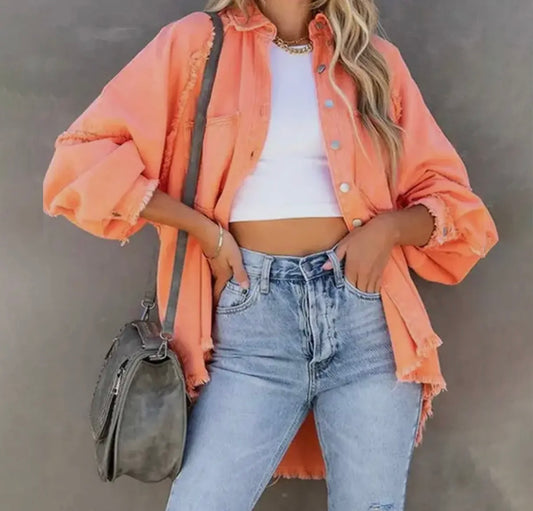 Frayed hem orange button up jacket