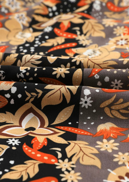 Black and Floral Print Wide Leg Elastic Waist Pants