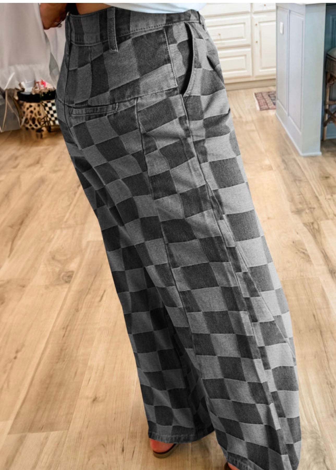 Black and Gray Checked Denim Pants