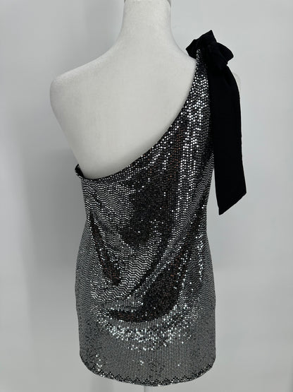 Black top with Silver Shimmer Sequins and One Shoulder Tie