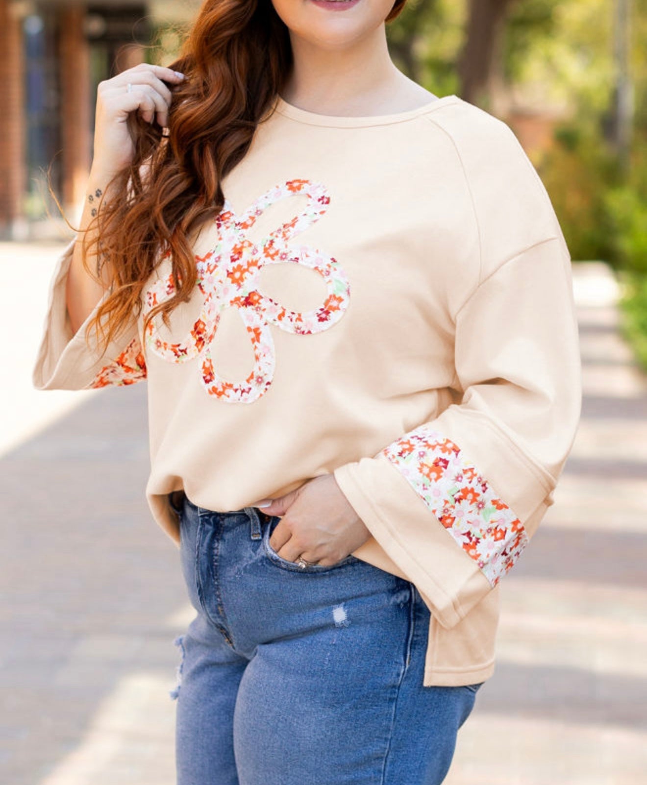 Flower Design Beige French Terry Top