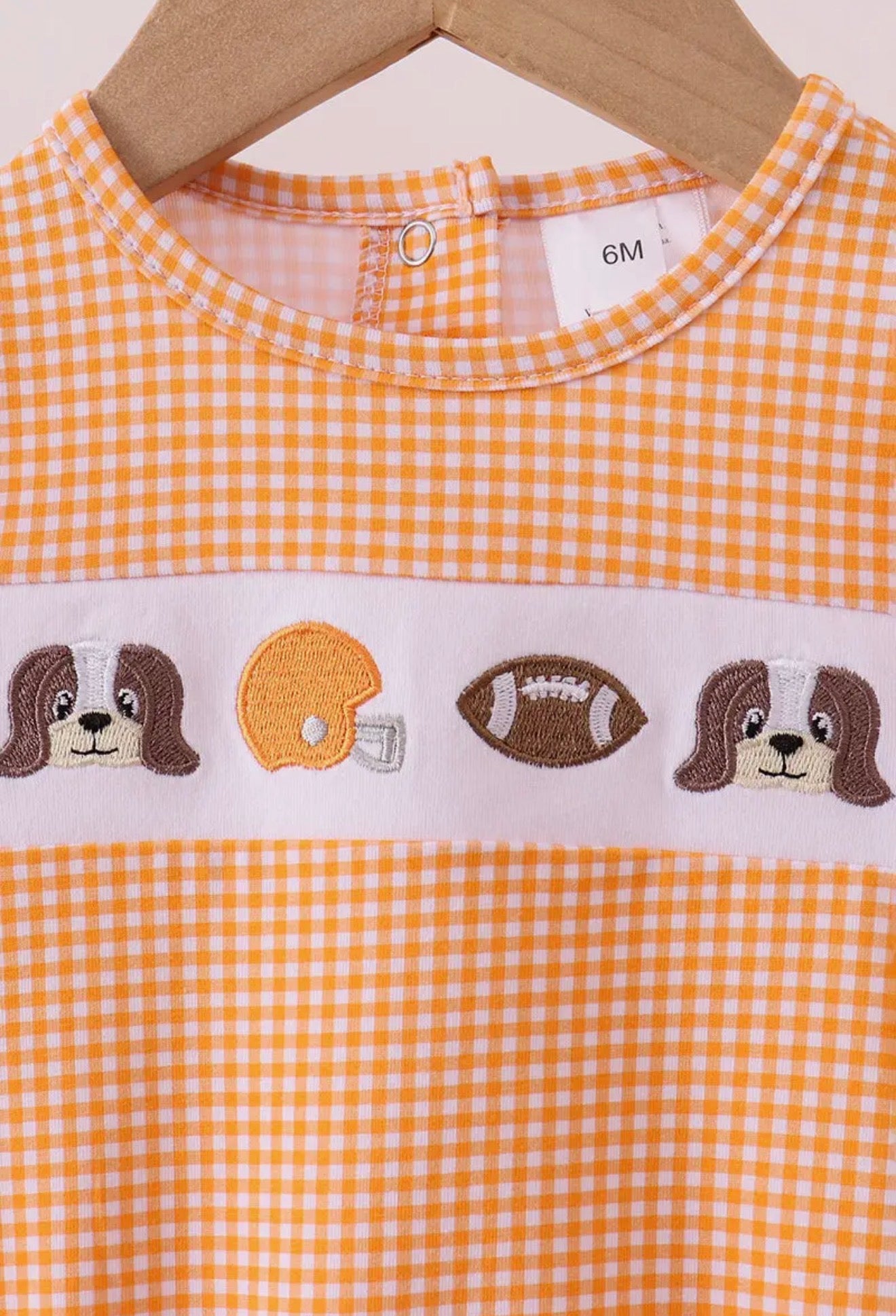 Long sleeve orange and white gingham bubble with embroidery by Ivy's Gifts & Boutique, featuring a stylish, comfortable design.