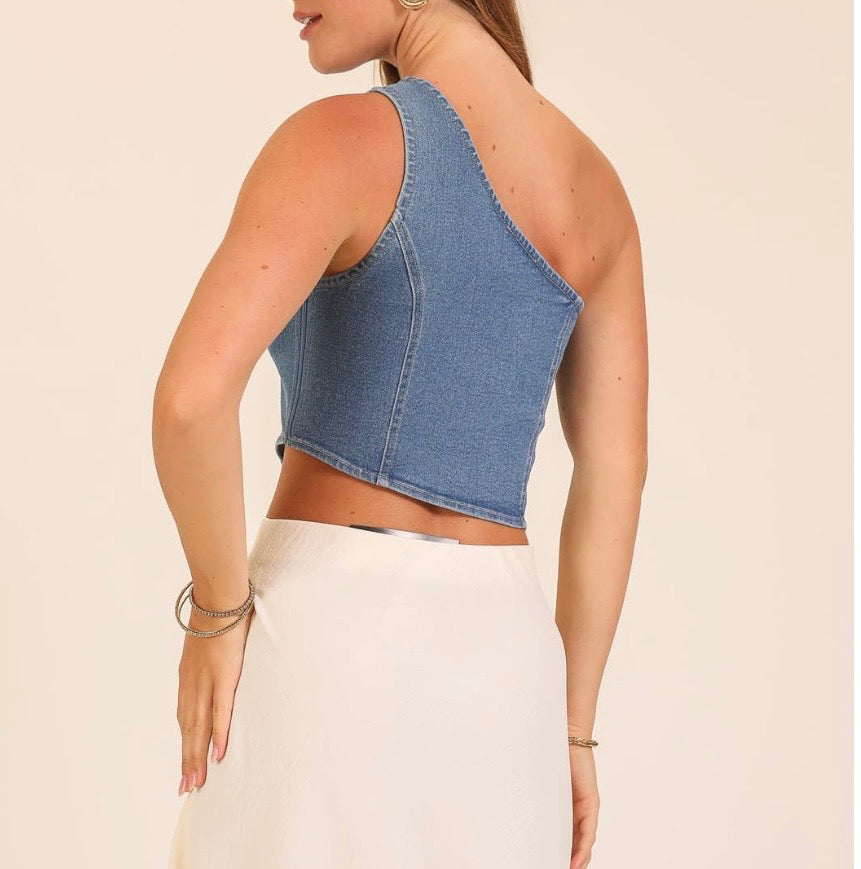 Denim asymmetrical hem off-shoulder top from Ivy's Gifts & Boutique, featuring stylish off-shoulder design and unique hem detail.