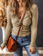 Khaki Long Sleeve shirt with Twist Design Neckline