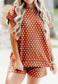 MLBPD Brown Polka Dot 2 Piece Short Set in Lightweight Comfy Fabric with Elastic Waist Pocketed Shorts