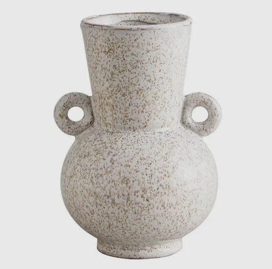 White Speckled Vase with Small Round Handles