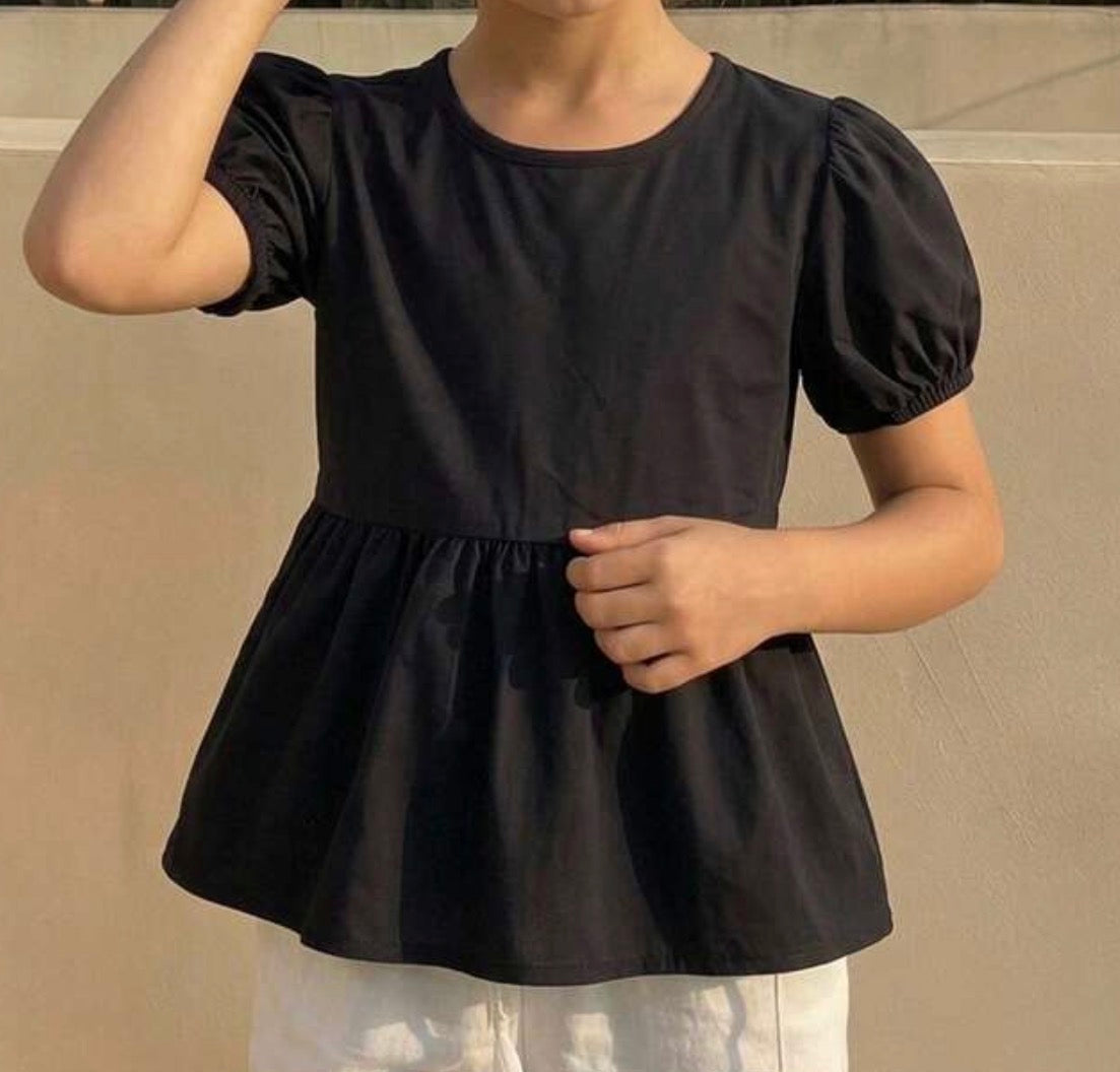 TP2 Black Peplum Style Top with Keyhole Neck Closure and Puff Short Sleeves
