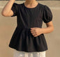 TP2 Black Peplum Style Top with Keyhole Neck Closure and Puff Short Sleeves