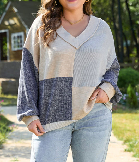 Patchwork Color block Design Cream and Blue top