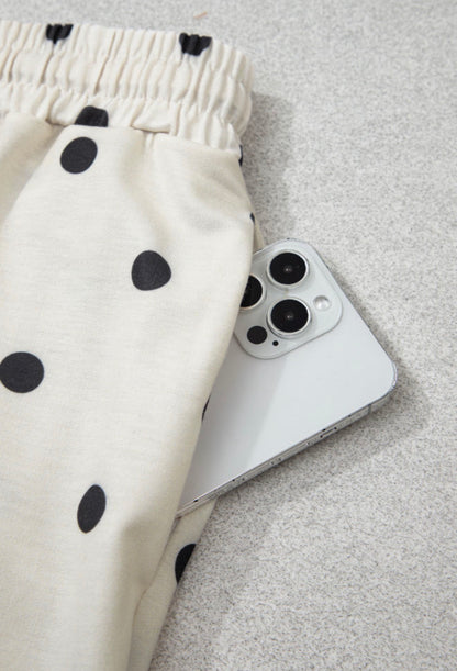 MLCPD Cream 2 Piece Pant Set with Black Polka Dots Elastic Drawstring Waist Pants and Black Accent Stitching Details