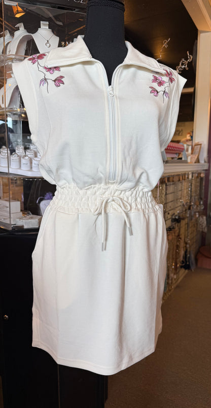 Ivy's Gifts & Boutique SS 49967 cap sleeve mini dress with zip front, drawstring waist, and side pockets, casual and stylish.