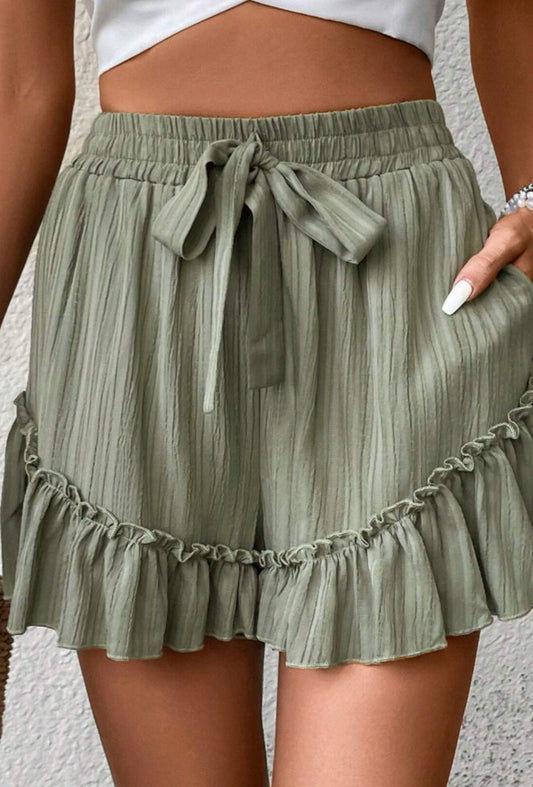 Green Ruffle Hem Shorts