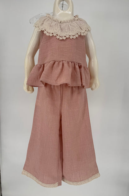 CH11 Toddler Children's Mauve 2 Pc Pant Set with Wide Leg Design and Antique Lace Collar and Trim