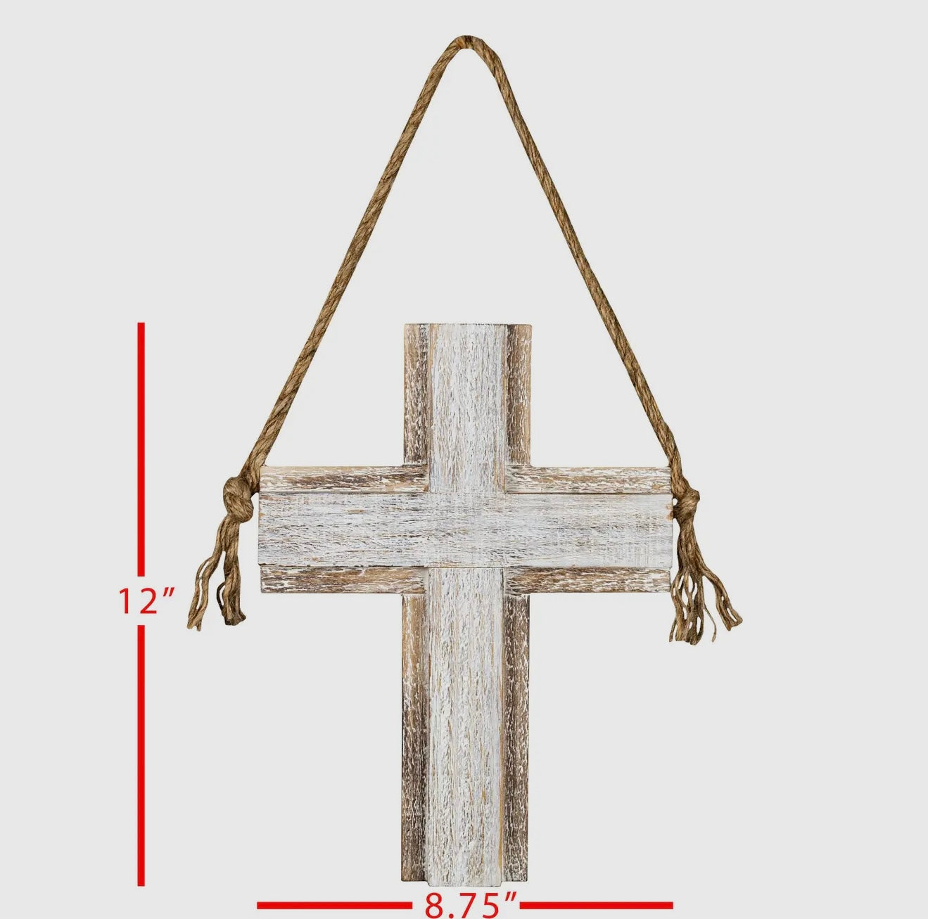 White washed Wooden Cross with Rope and Hardware attached for Hanging