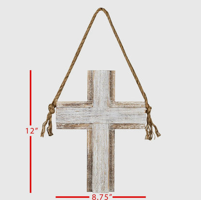 White washed Wooden Cross with Rope and Hardware attached for Hanging