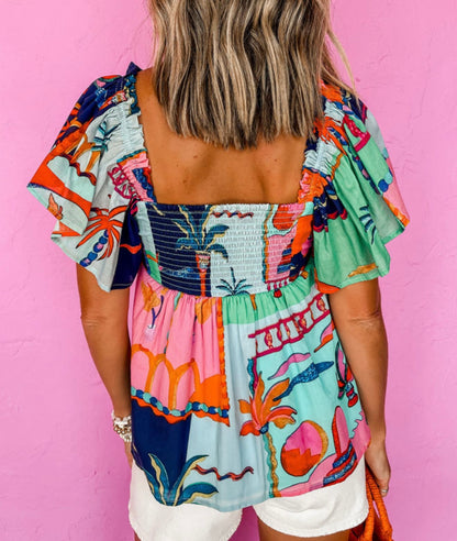 Multi Color Abstract Print  Summer Top with Elastic Back