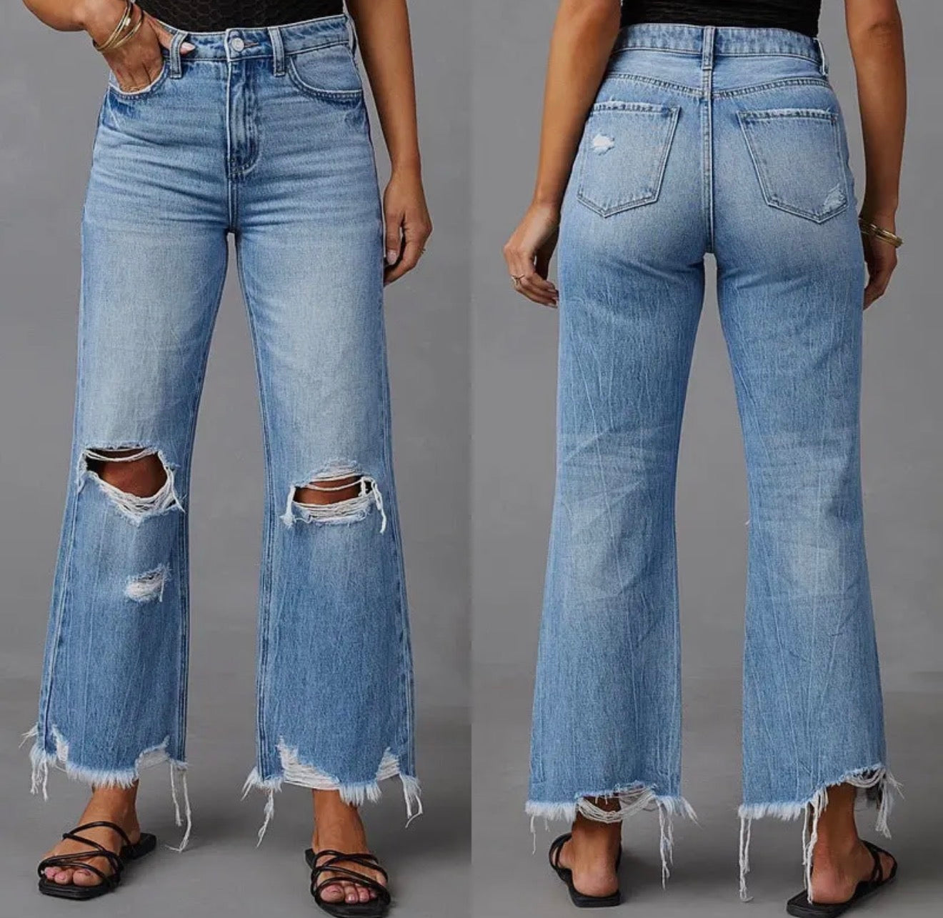 Light wash A113 distressed wide-leg jeans with fray hem from Ivy's Gifts & Boutique, showing a relaxed fit and frayed denim details.