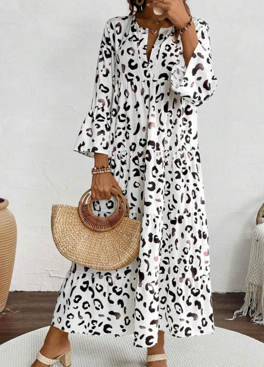 White Animal Print Fully Lined Maxi Dress