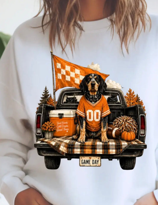 White smokey tailgating truck sweatshirt by Ivy's Gifts & Boutique, featuring a cozy design with a truck print and casual style.