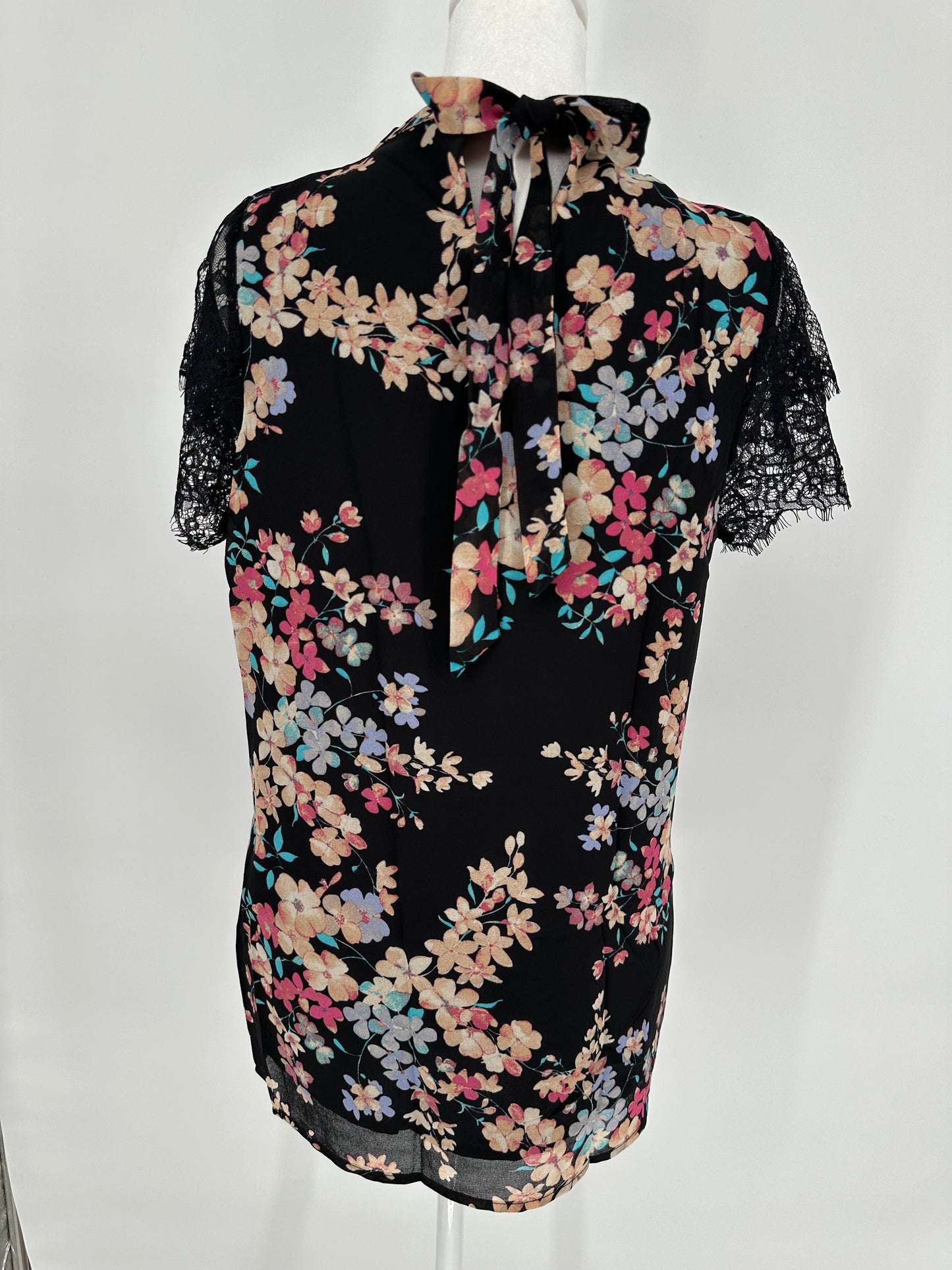 Black Floral Blouse with eyelash sleeves and back neck tie